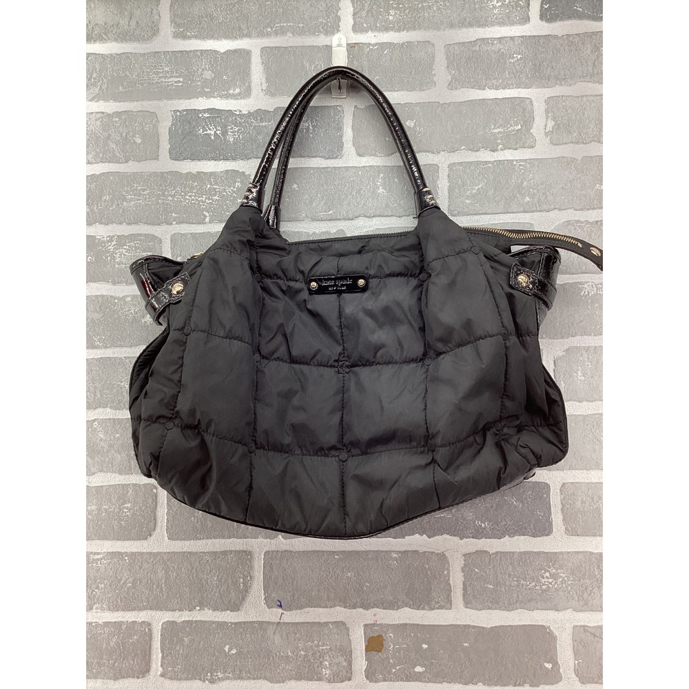 Kate Spade Black Quilted Nylon Puffer Tote Bag Patent Leather Trim Green Lining